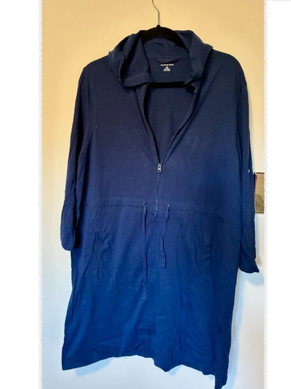LANDS' END Womens XL Navy Blue ZipUp 3/4 Sleeve Hoodie Robe Swim Cover Up Cotton - Picture 3 of 10